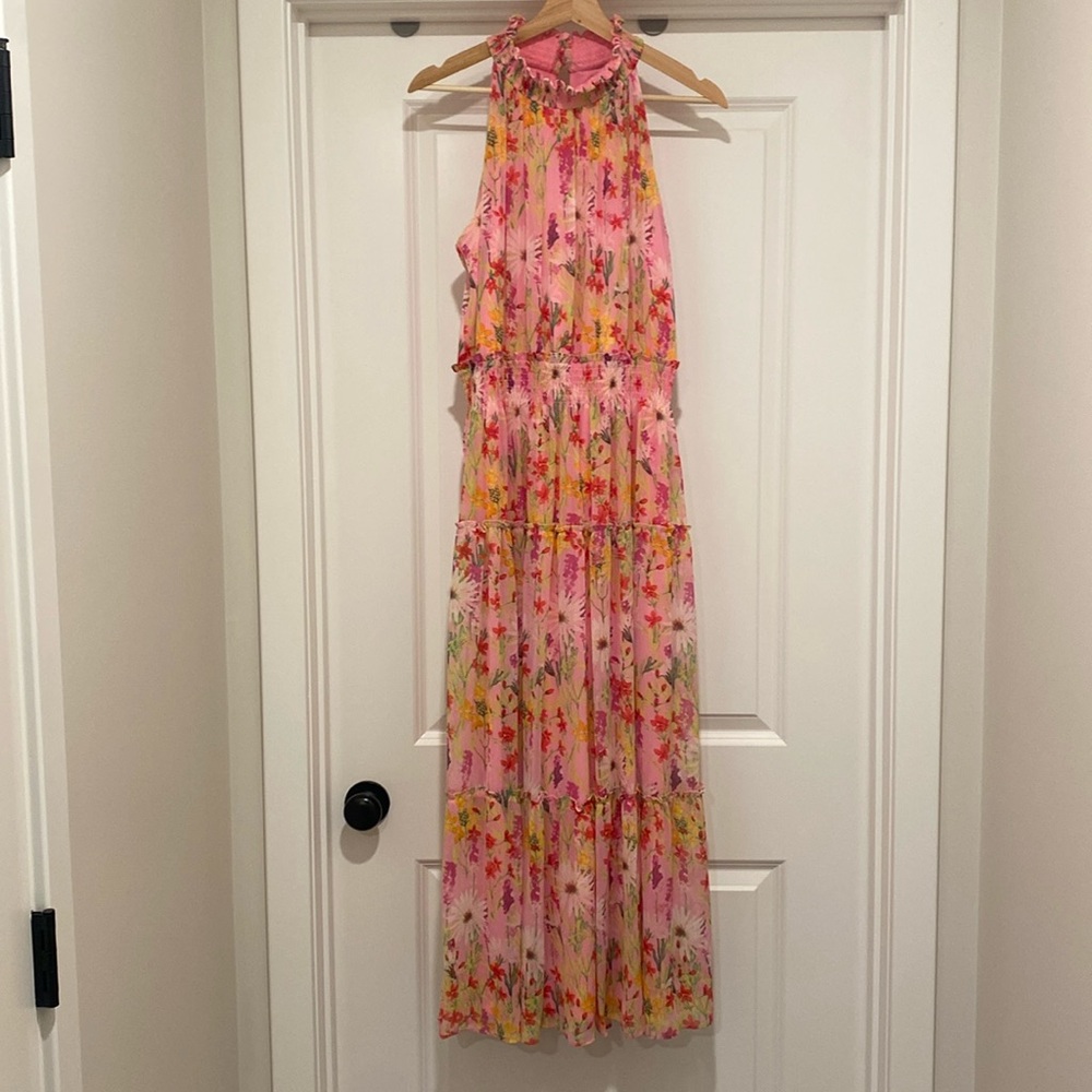 Floral Pink Halter Mock Neck Sleeveless Elastic Waist Maxi Dress